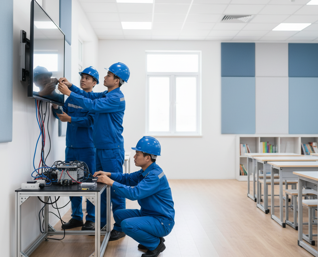 Kỹ sư Đại Nam lắp đặt thiết bị tại phòng học